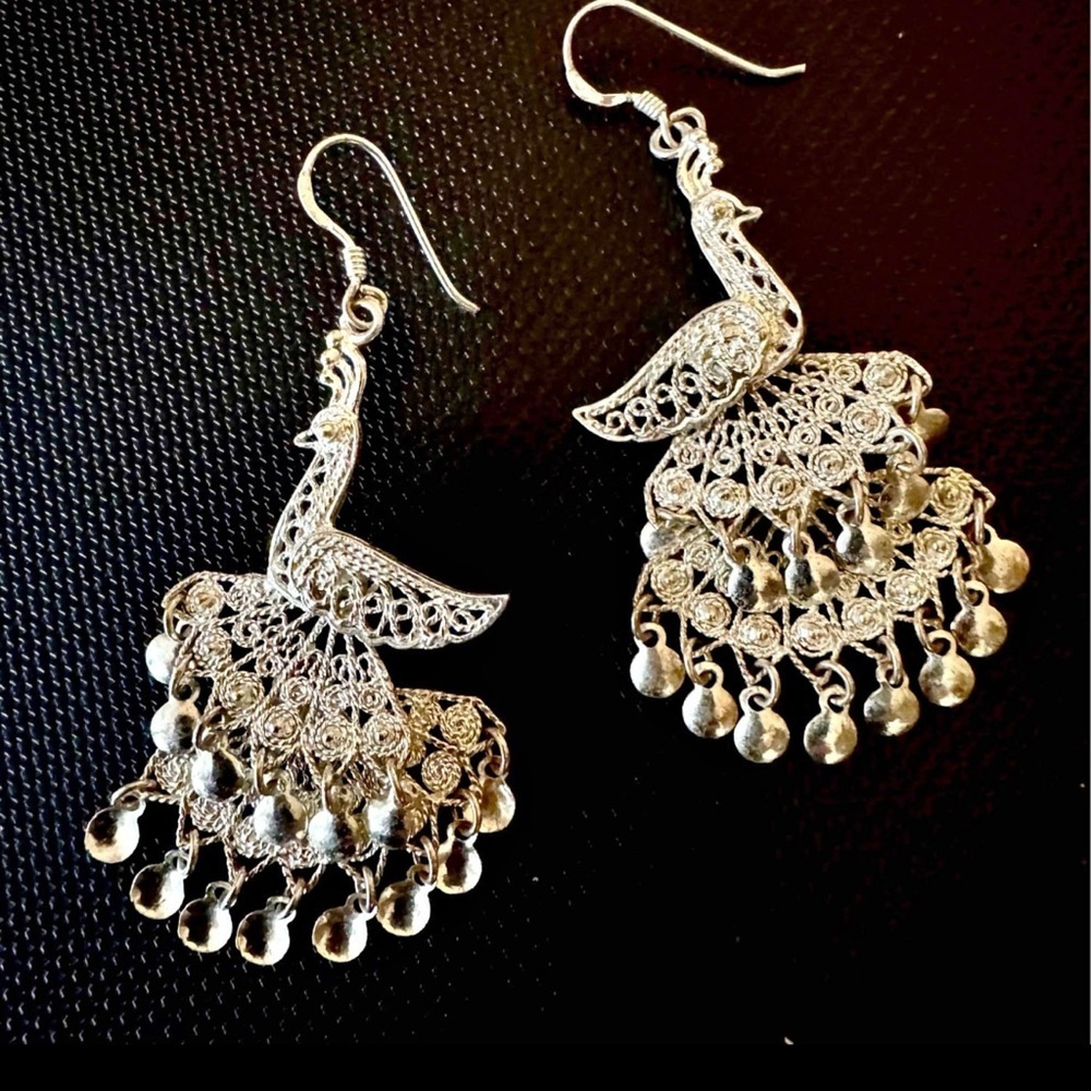Vintage Filigree Peacock Chandelier Sterling Silver Earrings